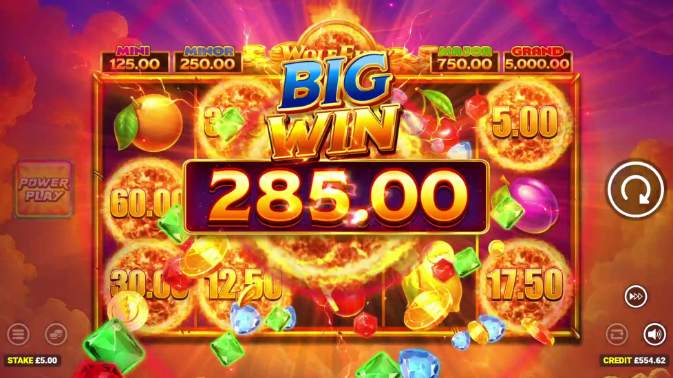 Wolf Fury Fire Blitz slot big win screen showing a large cash payout combining several collected Fire Spins values