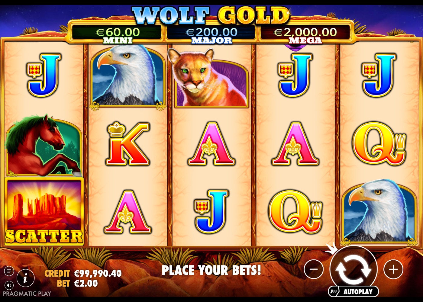 Wolf Gold reels with a canyon scatter symbol and standard card and animal symbols across the grid