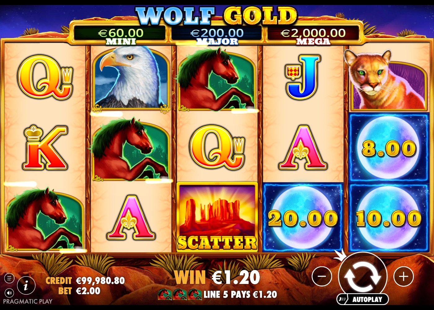 Wolf Gold reels showing a payline win alongside Money symbols worth 8.00, 20.00 and 10.00 and a canyon scatter symbol