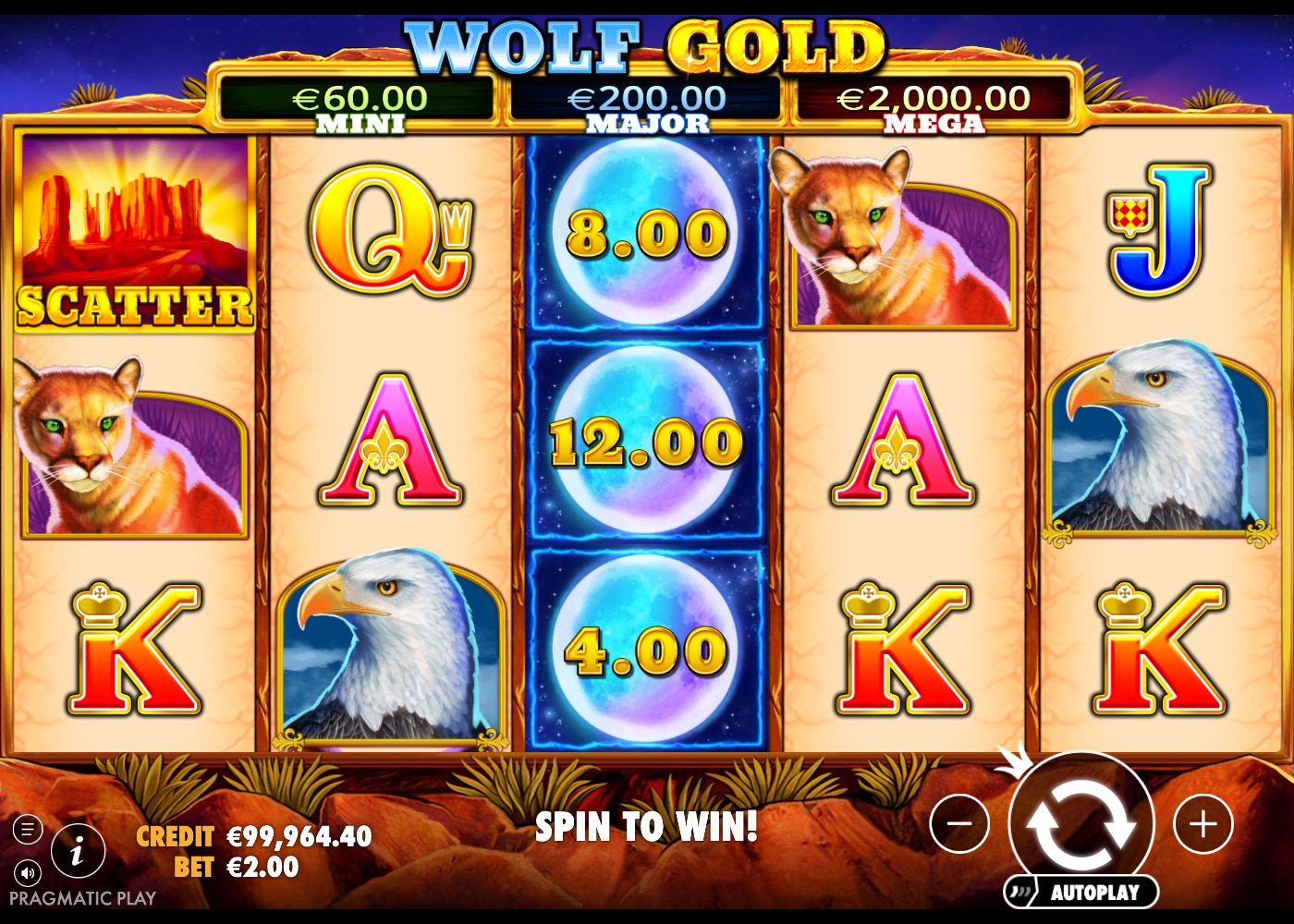 Wolf Gold reels showing a column of Money symbols worth 8.00, 12.00 and 4.00 next to a canyon scatter symbol
