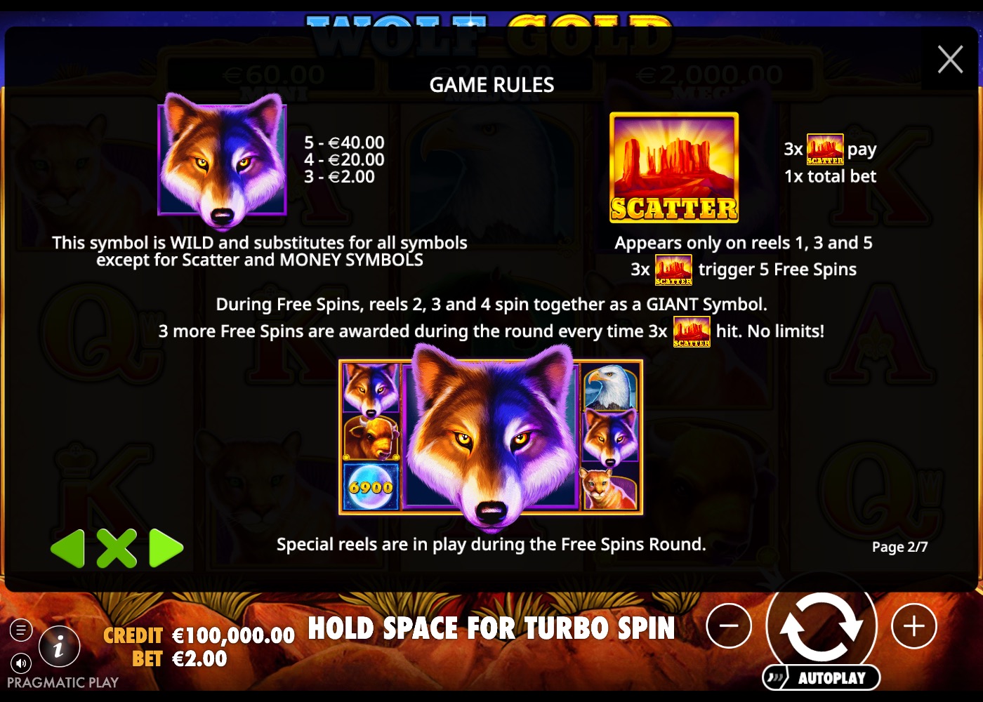 Wolf Gold paytable screen explaining the wild wolf symbol and the scatter free spins feature, including the giant symbol on reels 2, 3 and 4 during free spins