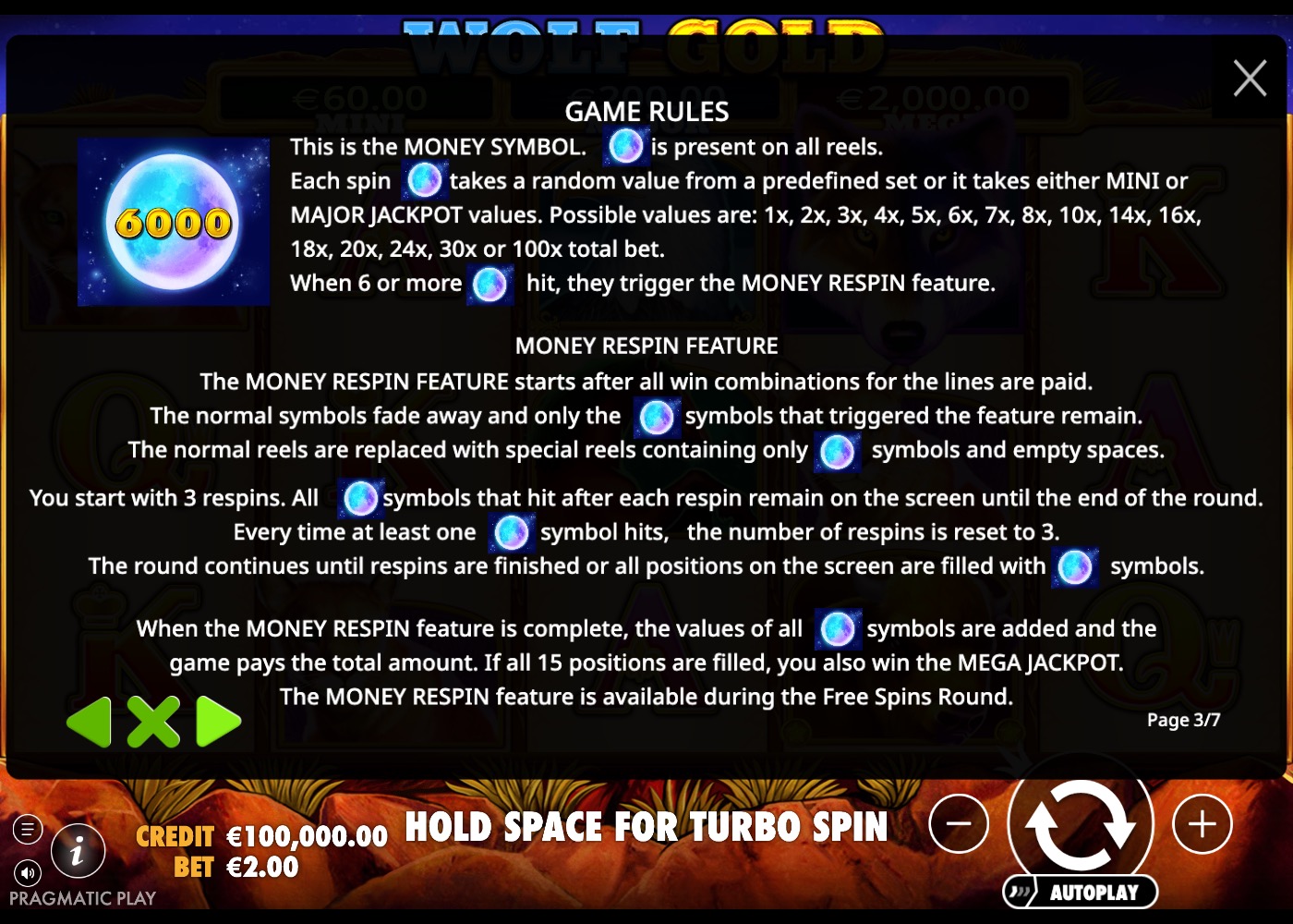 Wolf Gold info screen explaining the Money symbol and the Money Respin feature mechanics, including the three-respin counter and grid-fill Mega Jackpot trigger