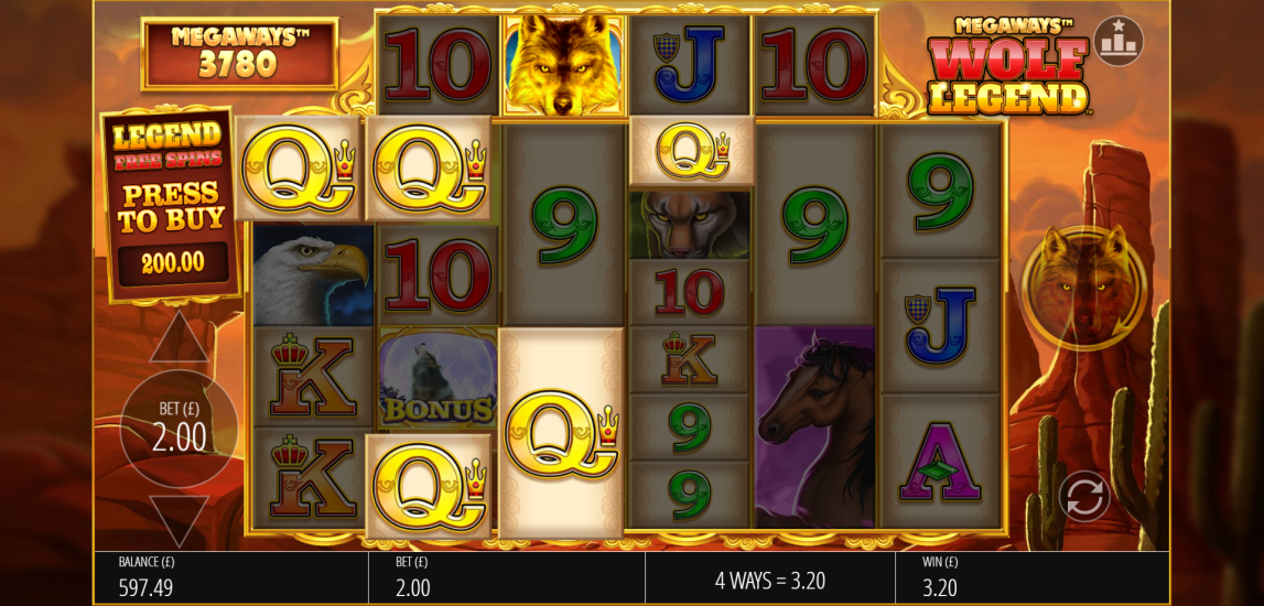 Wolf Legend Megaways slot Golden Streak feature showing the reels spinning for extra free spins