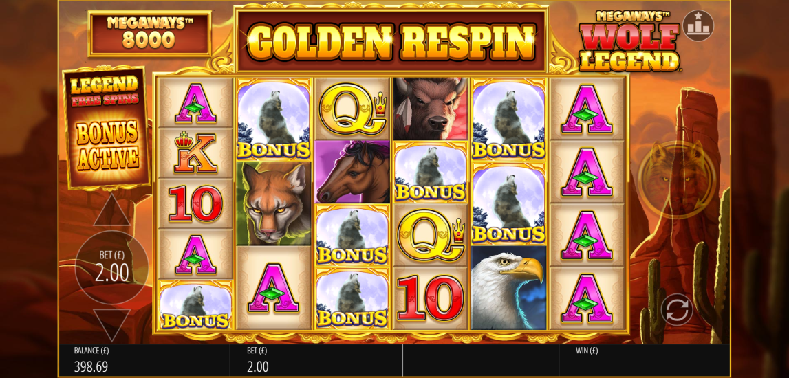 Wolf Legend Megaways slot Legend Free Spins Bonus Bet screen showing the guaranteed free spins option