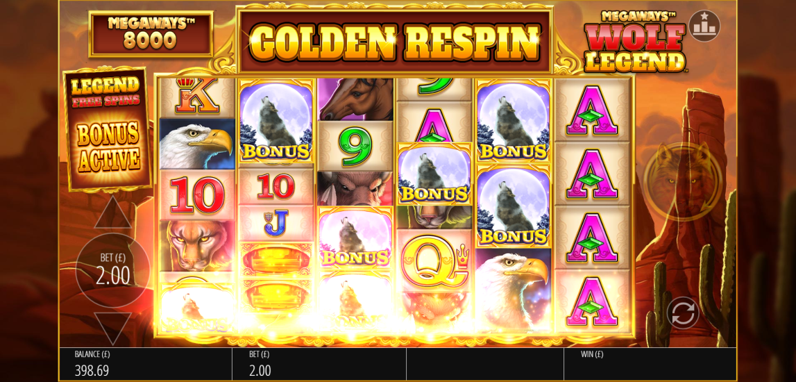 Wolf Legend Megaways slot showing a big win combining Megaways cascades and Golden Streak free spins